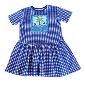 Vintage HONORS Gingham Island Fish Dress Violet White 6X Play Conditon